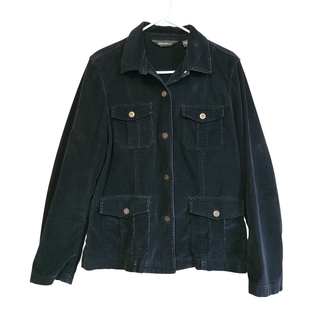 Eddie Bauer Corduroy Shirt Jacket Womens 10 Tall Black Chore Barn Coat Shacket